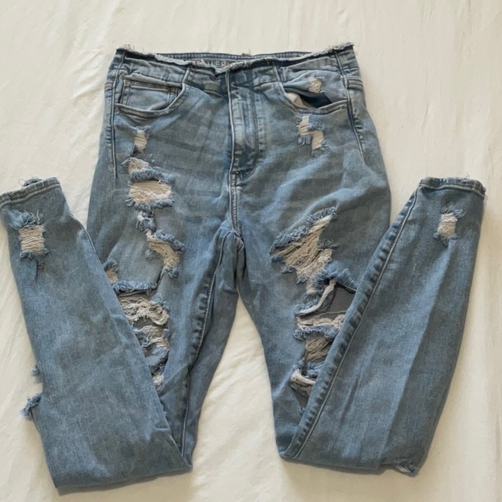 American Eagle Outfitters Blue Skinny Jeans with Distressed Details
